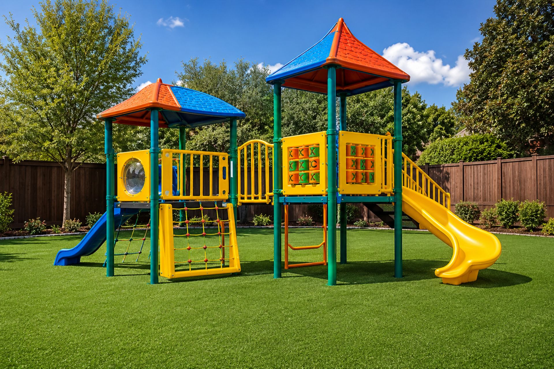 Children's playground with artificial turf safety surface in a residential outdoor recreation area.