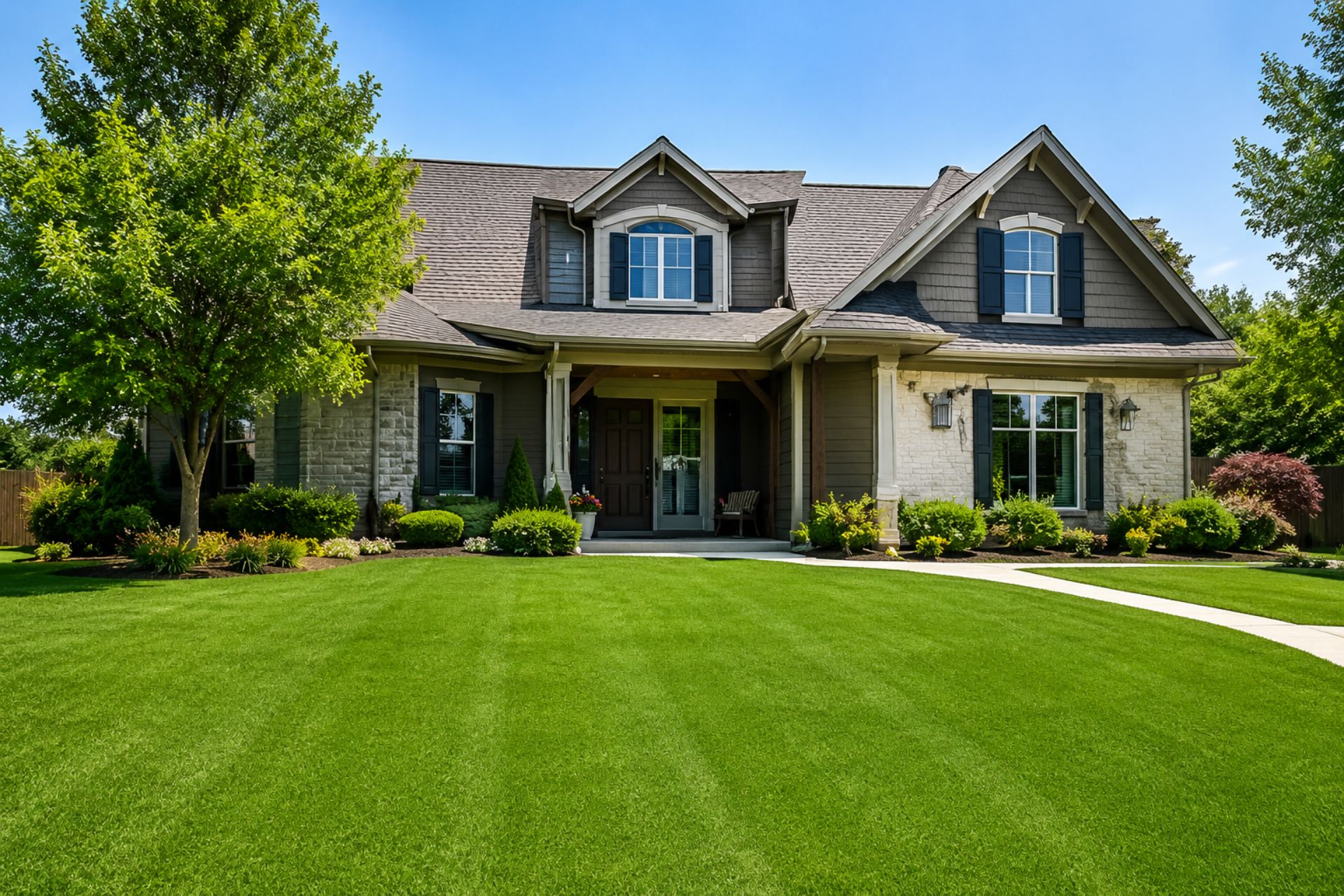 Beautiful residential property with a professionally maintained green lawn and landscaped front yard.