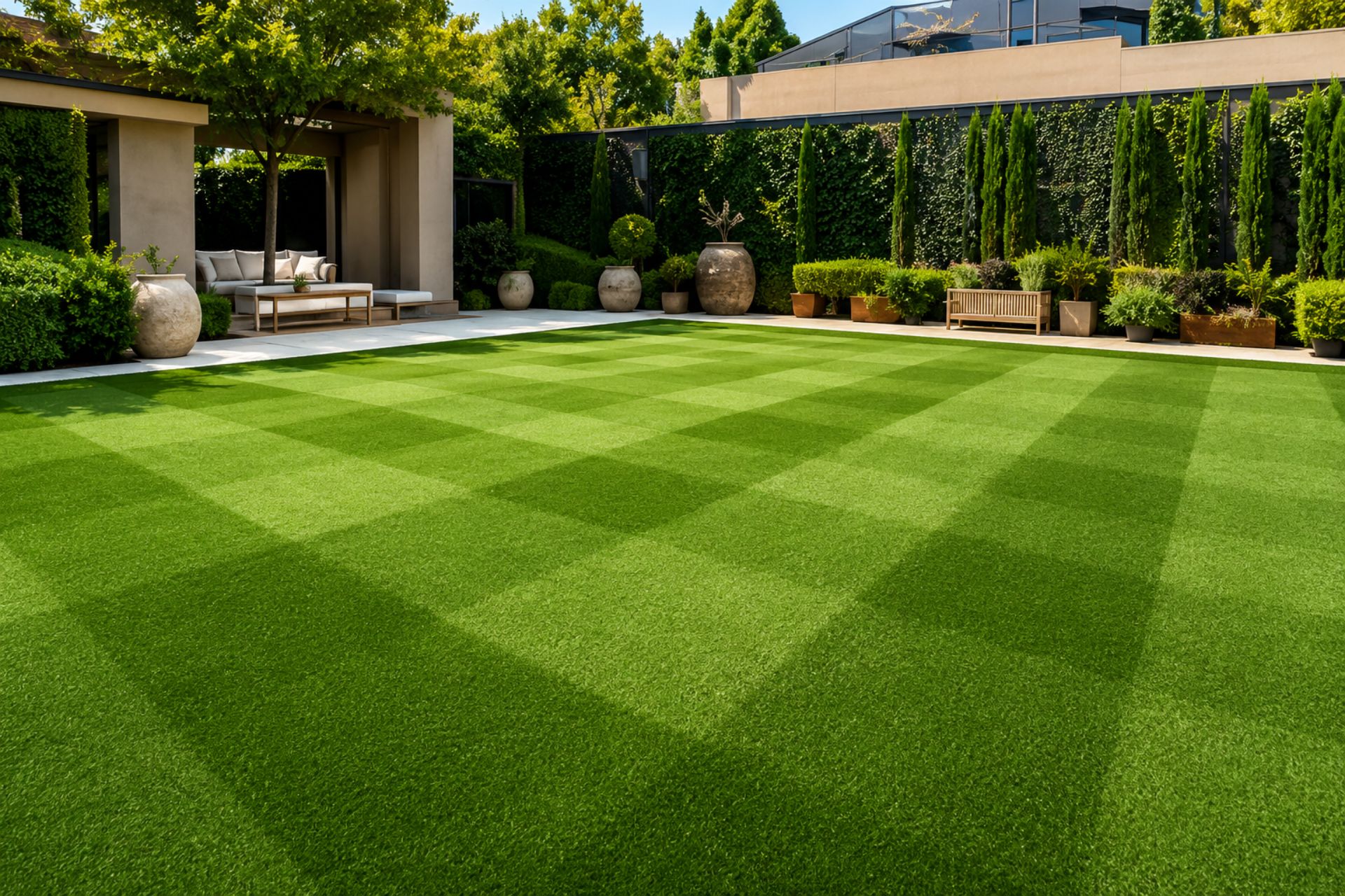 Luxury artificial turf installation with striped lawn patterns in a professionally landscaped backyard.