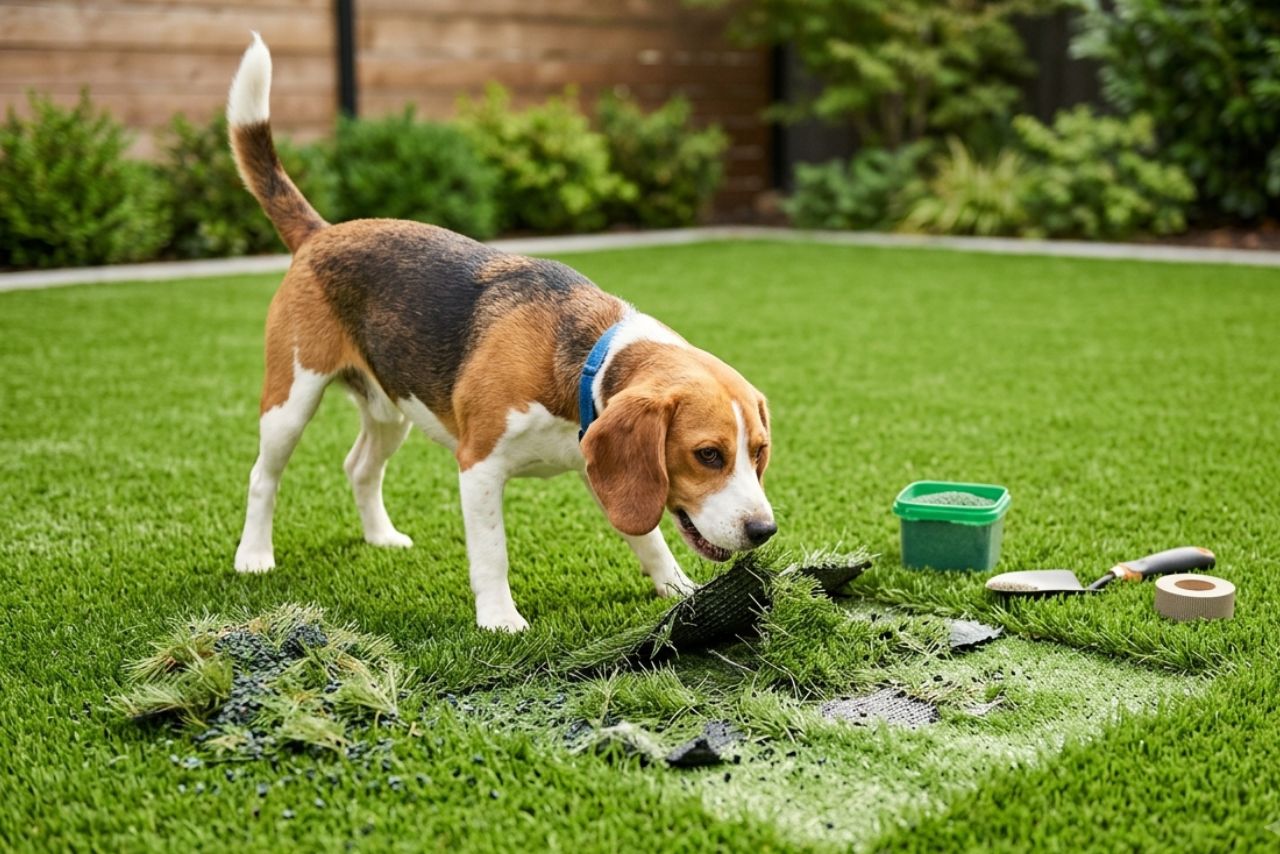 Dog damaging artificial turf during lawn repair in residential backyard